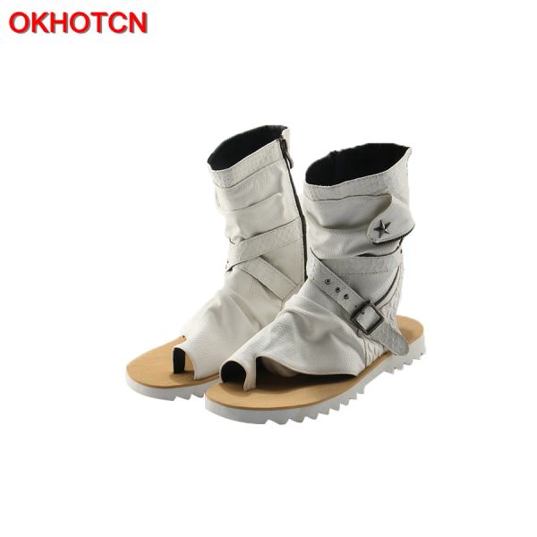 Sandalias okhotcn cuero verano estilo punk sandals sandalias abiertas botas de gladiator zapatos negros casuales zapatos planos de tobillo para hombres zapatos de playa