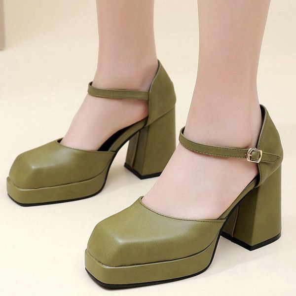 Sandales Olive armée vert couleur chaussures d'été pour femmes carré bout fermé pompes grande taille 45 46 47 gros talons hauts plate-forme dame