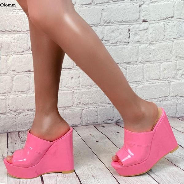 Sandalias Olomm hechas a mano para mujer, zapatillas exteriores brillantes, cuñas, tacones, punta abierta, hermosos, 10 colores, zapatos de fiesta, talla 5-20