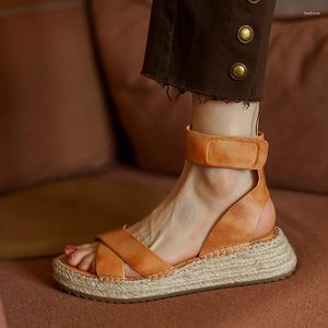 Sandales une sangle Cowhide Summer Lady Hem Vintage Chaussures femme Espadrilles Plateforme pour femmes