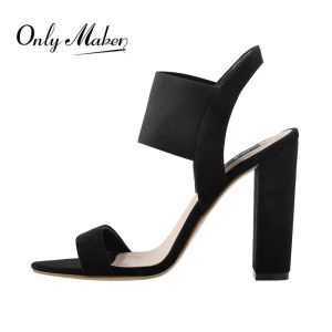 Sandalias Onlymaker para mujer Peep Toe Chunky High Heel Band elástica Sandalias Sandals Slip On Summer Casual Party Black Shoes