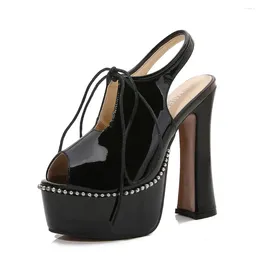 Sandales à bout ouvert avec boucle à la cheville pour femmes, escarpins de fête, plateforme, Club, talons hauts, ajourés, chaussures habillées noires