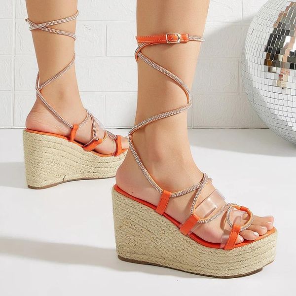 Sandalias Zapatos de cuñas de tacón naranja para femenino Rhinestone Cross Strappy Platform Green Sandalias Mujer 2024