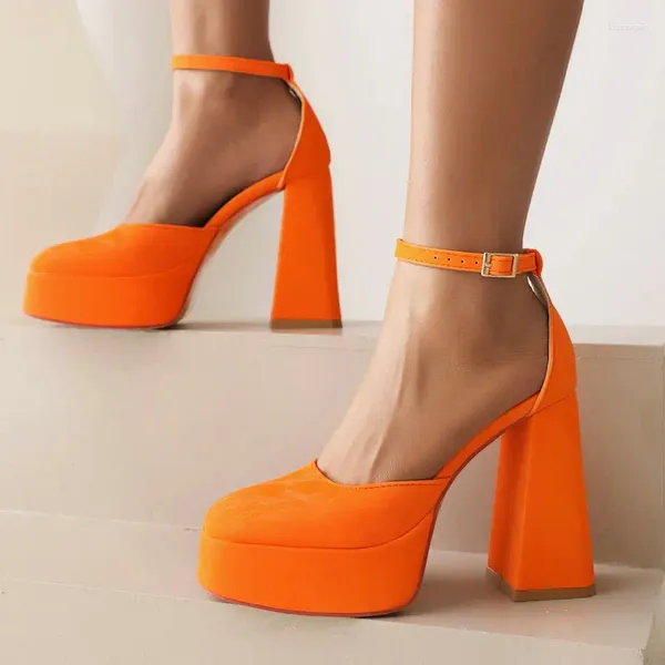 Sandales Orange Rose Bout Fermé 2023 Été Sexy Lady Party Pompes De Mariage Plate-Forme Mary Janes Bloc Talons Hauts Femmes Chaussures À Talons