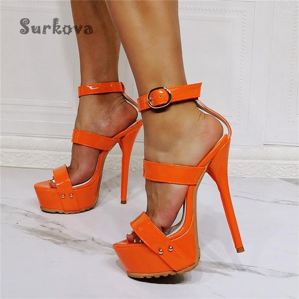 Sandalias naranja PU cuero tobillo correa Sexy lujo tacones altos señoras Peep Toe bombas plataforma Stilettos vestido fiesta boda zapatos