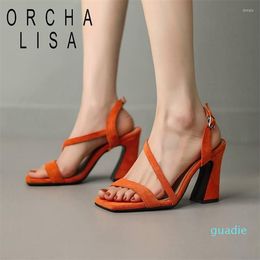 Sandales ORCHA LISA femme bout carré troupeau daim sangle arrière talons étranges 9 cm grande taille 40 41 42 solide Sexy rencontres femmes chaussures