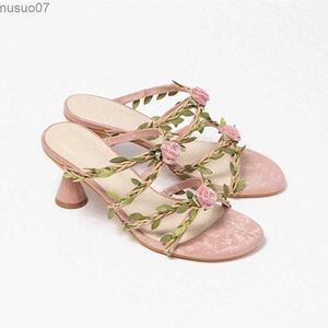 Sandales conception originale chaussures de mariage pour femmes rétro coulissure florale circulaire orteil ouvert mince talons hauts fées rose sandalsl2403