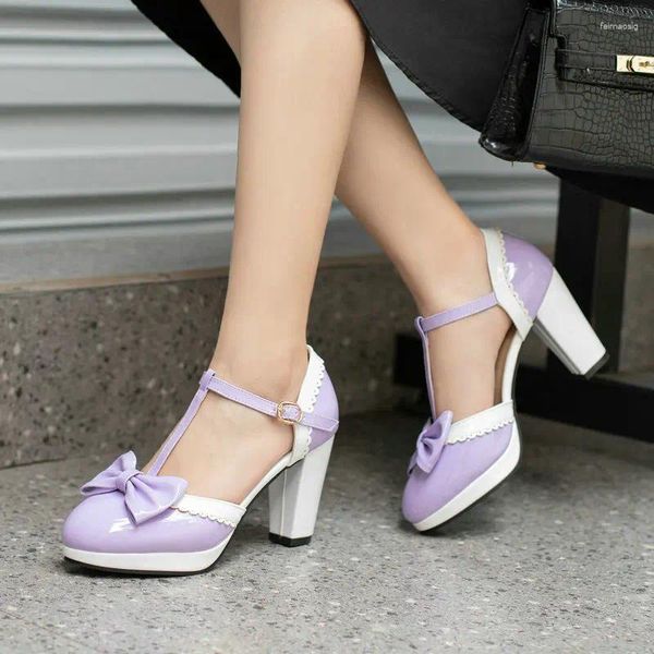 Sandales surdimensionnées 46 47 48 nœud papillon Lolita JK, chaussures pour filles, violet, jaune, blanc, couleur contrastée, sangle en T, Mary Janes, talons épais