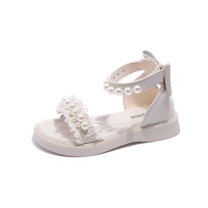 Sandalen Pearl Beading Girls Sandalen 2023 Zomer grote meisjes feest bruiloft Princess schoenen schoenen enkelband sandalen voor meisje maat 26-36 AA230518