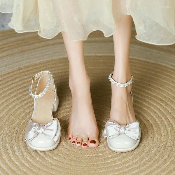 Sandalias con lazo de perlas para mujer, verano 2023, Mary Jane, tacón grueso, tacones altos, elegantes sandalias de fiesta para mujer, bonitos zapatos de Lolita