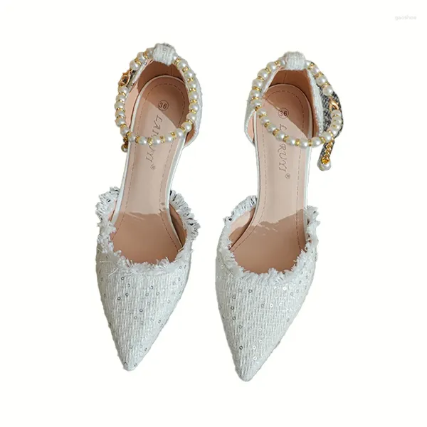 Sandales personnelles paillettes coton S Style creux bout pointu pompes talons aiguilles ceintures de perles polyvalentes gracieuses femmes chaussures