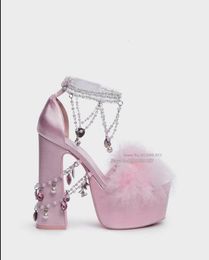 Sandales Pink 339 Satin révélation charme plate-forme de pierre gemme