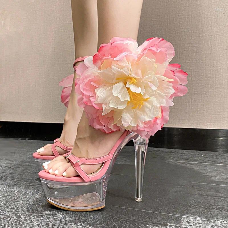 Sandals Pink Heels Transparent Platform Women Big Flower Cross Stappy Buckle Summer Shoes Two Wear High Femme
