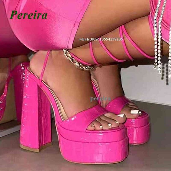 Sandalias Sandalias de plataforma rosa Atadas cruzadas Punta abierta Sandalias de tacón grueso con cordones Tacones altos con tiras Patrón de piedra Zapatos de fiesta Verano Mujer 220309