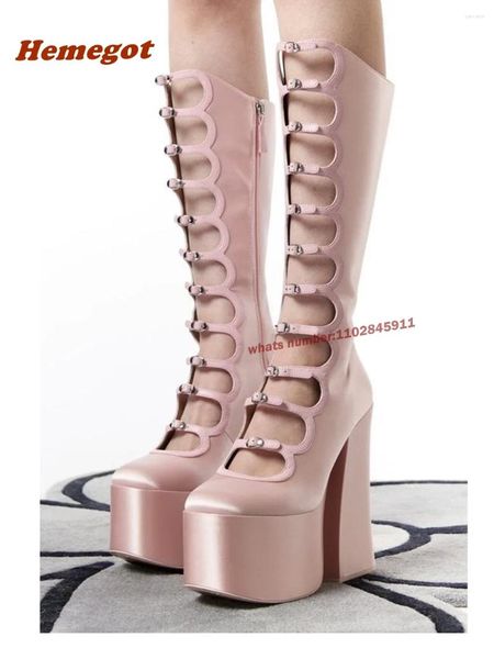 Sandales rose semelle épaisse semelle creux bottes côté fermeture zipper talons carrés chaussures de danse rond talon suuper