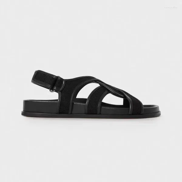 Sandalias Plataforma Lona De Lino Negro Estilo Romano Vintage Zapatos De Playa Tejidos De Cuero Hechos A Mano