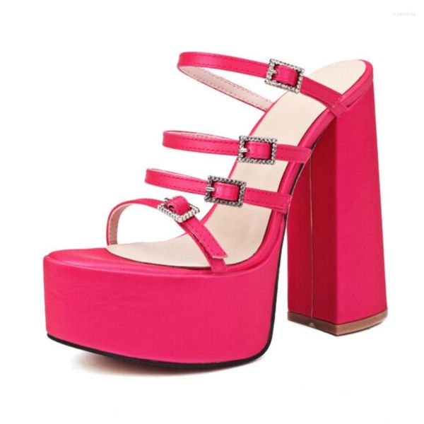 Sandales à plateforme pour femmes, chaussures d'été de marque Sexy, Design de bande, talons épais, bouton strass, chaussures à talons élégantes, 2023