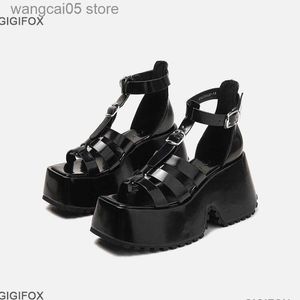 Sandalias Sandalias de plataforma para mujer Denim Roman T-Strap Moda Goth Gothic Sandals Pink Wedge Zapatos de tacón alto Casual T230712
