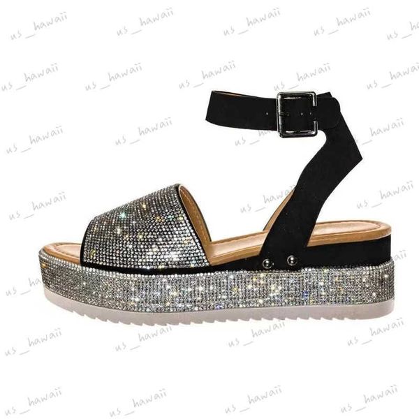 Sandalias Sandalias de plataforma Cuñas para mujer 2023 Zapatos de tendencia Mujer de verano Tacones elegantes Vestido de fiesta de moda Chicas con estilo Rhinestone negro T240302