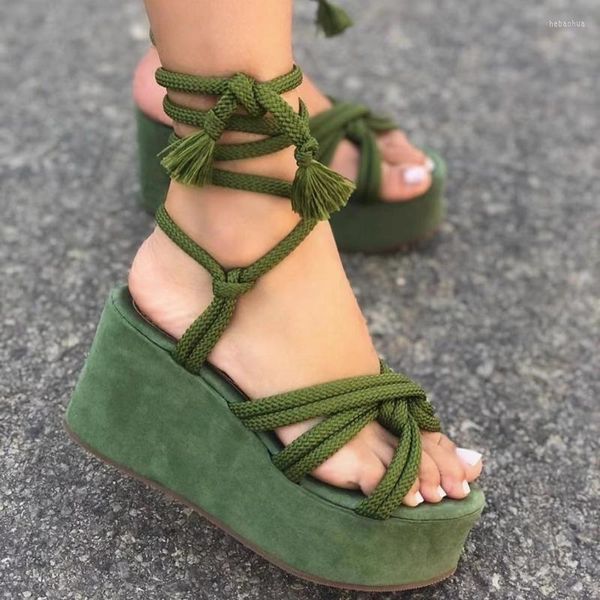 Sandales à plateforme compensée pour femmes, chaussures d'été en tissu vert, bout ouvert, Style romain, corde à lacets, sport décontracté, semelle en caoutchouc, 2023