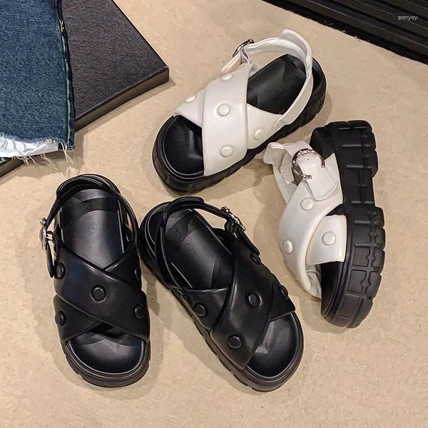 Sandales Plate-forme Femme Sandalias Été Cuir Appartements Classique Noir Blanc Dames Chaussures 2023 Zapatillas Simple Bout Rond Sapato