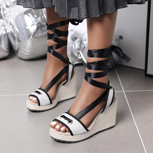 Sandalias Plataforma Mujer Tacón grueso Zapatos bohemios Sexy con cordones Cuñas de fondo grueso Tacones Femal Tamaño grande