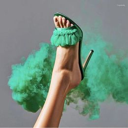 Sandales plissées en maille à talons hauts, pantoufles à bout ouvert, talons fins, Mules en satin vert, découpes, chaussures de piste pour femmes, grande taille 45