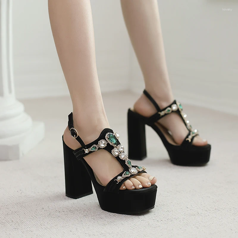 Sandals Plus Size Artificial Gemstone Rhinestone Stickers Elegant Noble Women's Platform High Thick Heel Peep Toe Hollow