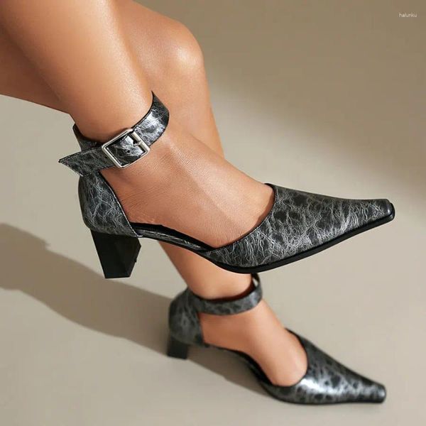 Sandales à bout pointu pour femmes, escarpins d'été à la cheville, large boucle, ceinture carrée, talons hauts épais, chaussures de luxe de styliste pour femmes