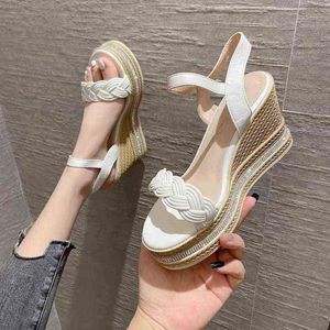 Sandales pompes luxe Beige strass talon haut plate-forme imperméable Wedge bout ouvert sandales femmes S chaussures 220704