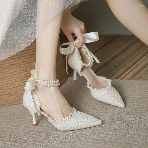 Sandalias Bombas Para Mujer Método Frenum Diseño De Boda Perlas De Cuentas Tacones Altos Señora Sexy Elegante Punta Puntiaguda Zapatos De Perlas