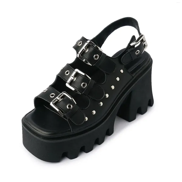 Sandales Punk Rétro Boucle En Métal Rivet En Cuir Personnalisé Bout Carré Plate-Forme Hauteur Casual Femmes Romain Haut Talon