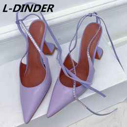 Sandales cuir violet femmes chaussures pointues cristal peu profond cristal cross rouli diamant brouilleur de banquet de talon étrange