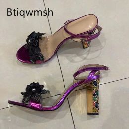 Sandales Purple Luxury Rhinaistone Sandals Femme Open Toe Fleur pailled