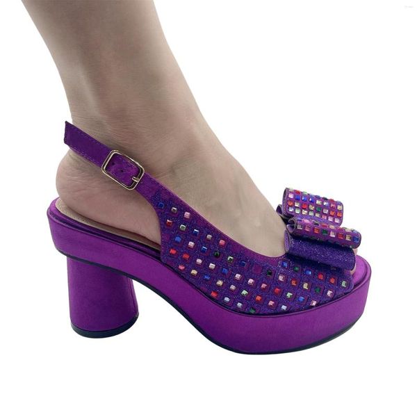 Sandalias Plataforma morada para fiesta de boda Bling Glitter Tacones altos Peep Toe Rhinestone Shiny Slingbacks Tacón cómodo