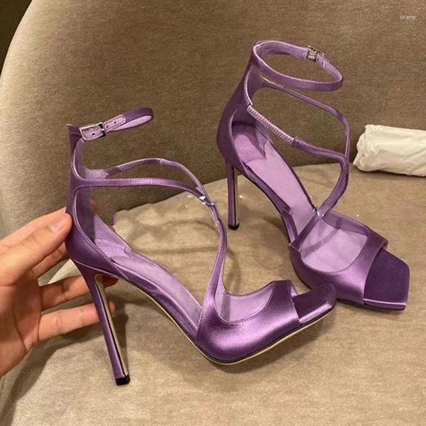 Sandales Violet Satin Ouvert Bout Carré Creux Femme Été 2024 Mince Ceinture Stiletto Sexy Robe Chaussures Mode Pour Femmes