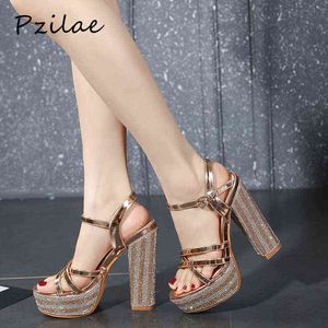 Sandalen pzilae dames sandalen platform schoenen open teen rhinestone hoge hak goud bling kristal bruiloftsfeestje 3440 220704