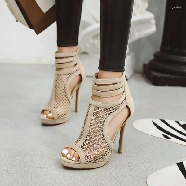 Sandalias QPLYXCO 2023 Verano Peep Toe Mujer Botas Hallow Cut Out Mesh Net Plataforma sexy Tacones altos finos Gladiador