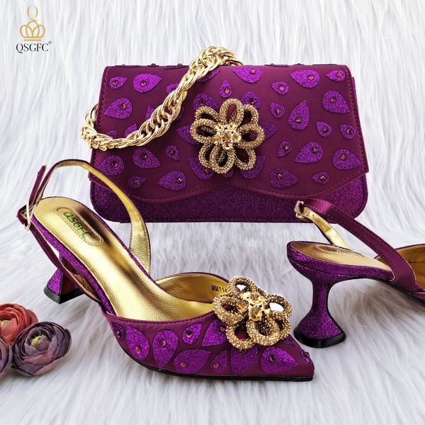 Sandalias QSGFC, diseño italiano, bolso de mano clásico para mujer, tacones altos a juego de colores empalmados, zapatos de fiesta de boda africanos y conjunto 230630