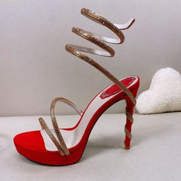 Sandales Rc mode Noir Rouge Strass twining anneau de pied chaussures pour femmes Designer de luxe bande étroite 12.5CM Plate-forme à talons hauts nouveauté Talon enroulement Sandale 35--43Taille