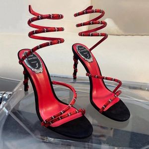 Sandales Rc mode Noir Rouge Strass twining anneau de pied chaussures pour femmes Designer de luxe bande étroite 9.5CM nouveauté talon haut Talon enroulement Sandale 35-43Taille