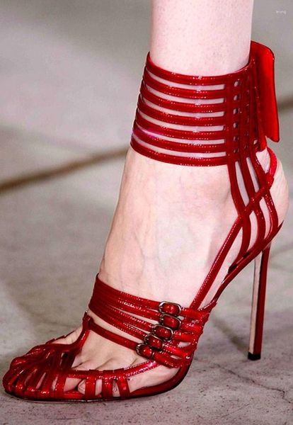 Sandalias Zapatos de jaula con correa de hebilla cruzada roja Tacones altos Corte Stiletto Vestido Punta cerrada Cordones