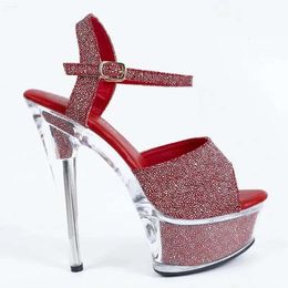 Sandalias Red Mcublgirl Sexy Super High Heels 15 cm Tacón delgado Plataforma impermeable zapatos de cristal Weddin 81c