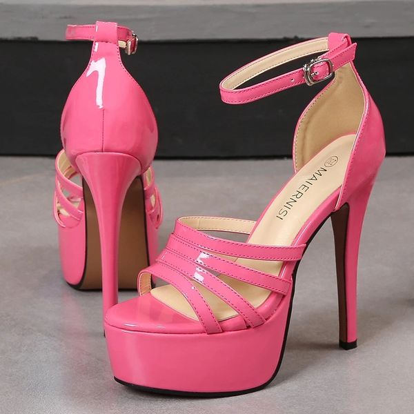 Sandalias Rojo Rosa Modelo Zapatos de vestir Club nocturno sexy Plataforma de gran tamaño Mujeres Tacones altos Stiletto Charol Sandalias con correa en el tobillo B0113 231213