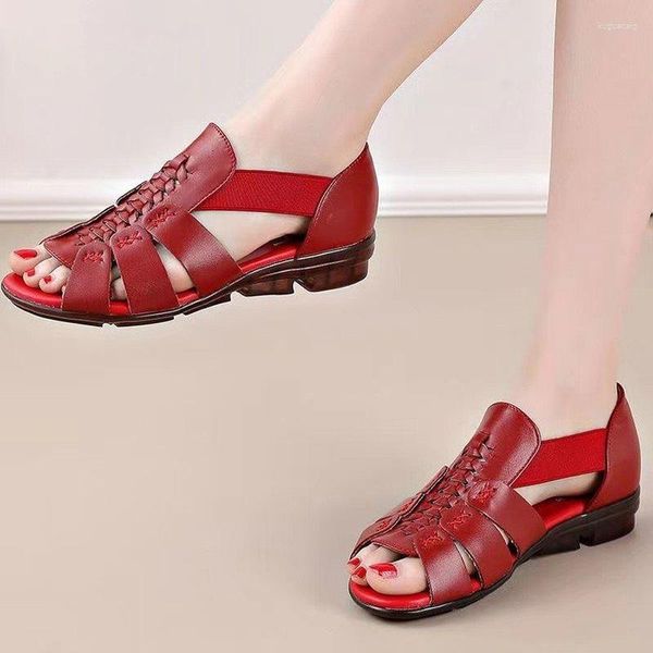 Sandales rouges femmes creux poisson bouche Wedge gladiateur chaussures Roma Style talons hauts femme appartements