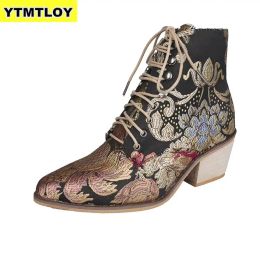 Sandales rétro Bohemian Femmes Bottes Imprimées cheville Vintage Moto-cycle Booties Ladies Chaussures femme 2019 Nouveaux Boots High Heels Boots