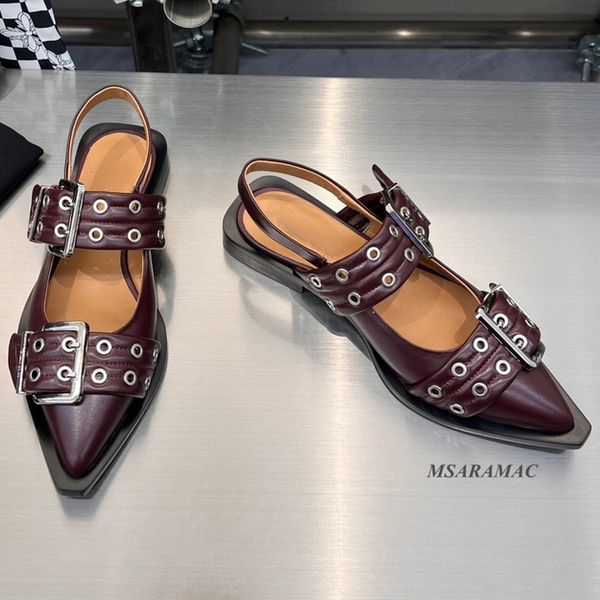 Sandales Rétro en cuir bordeaux boucle de ceinture Slingbacks sandales plates en cuir véritable bout pointu Lolita fille chaussures habillées été femmes chaussures 230831