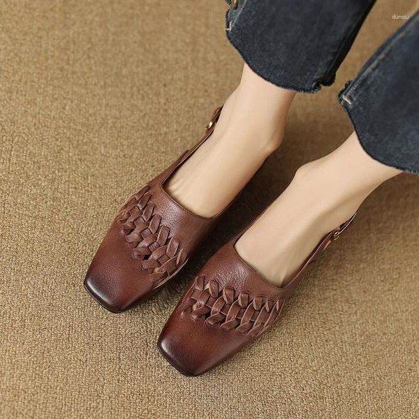 Sandalias Retro Sandalia Estilo Romano Zapatos de Summe para Mujer Tejido Cuero de Vaca Señora Cerrado Toe Mujer Pisos Casuales Vintage Plano