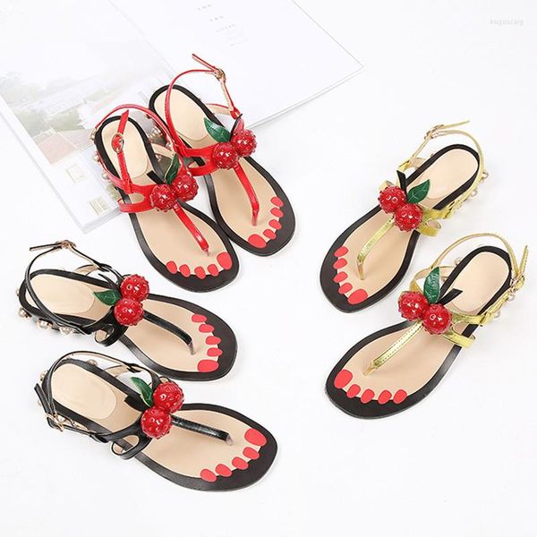 Sandalias Rhinestone Cherry Decor Mujeres Playa Zapatos de verano Mujer Pearl Tacón cuadrado Ladies Sandwich Toe Zapatos de Mujer