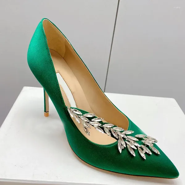Sandales strass décoration femmes pompes couleur unie brillant chaussures confortables bout pointu mince talons hauts Slip-On Stiletto dames